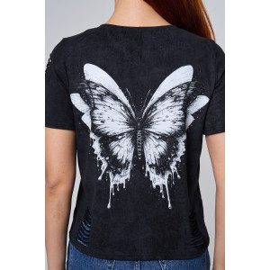Футболка женская №7502 кулирка с лайкрой (р-ры: 42-52) черный винтаж-бабочка