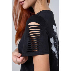 Футболка женская №7502 кулирка с лайкрой (р-ры: 42-52) черный винтаж-бабочка