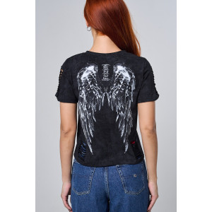 Футболка женская №7502 кулирка с лайкрой (р-ры: 42-52) черный винтаж-крылья