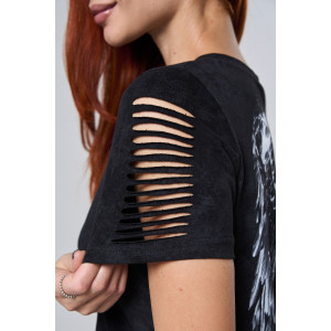 Футболка женская №7502 кулирка с лайкрой (р-ры: 42-52) черный винтаж-крылья