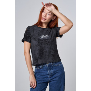 Футболка женская №7502 кулирка с лайкрой (р-ры: 42-52) черный винтаж-надпись