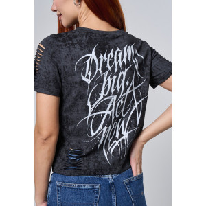 Футболка женская №7502 кулирка с лайкрой (р-ры: 42-52) черный винтаж-надпись