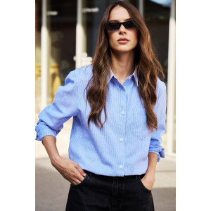 Рубашка женская №058834 полулён-поплин (р-ры: 42-56) синий