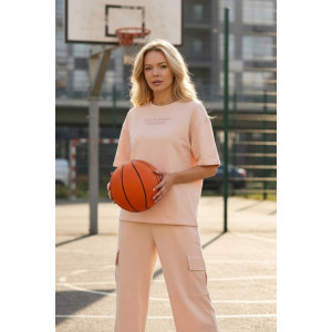 Костюм двойка женский "Нила-1" футер 2-х нитка с лайкрой (р-ры: 42-52) кремово-розовый