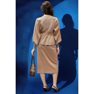 Костюм двойка женский с юбкой №057899 "Вязаный" вязаный трикотаж (р-ры: 40-46) бежевый