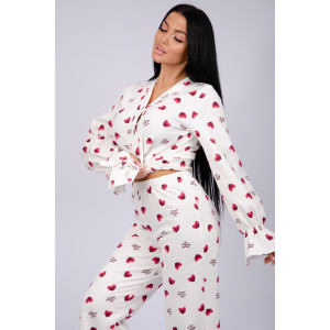 Пижама женская "Романтика" футер 2-х нитка с начёсом (последний размер) красные сердечки love you 50