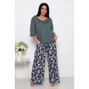 Костюм двойка женский "Джина-2" кулирка (последний размер) листья хаки-серый верх 52