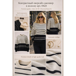 Джемпер женский №0623 вязаный трикотаж (р-ры: 42-50) молочный-черная полоса