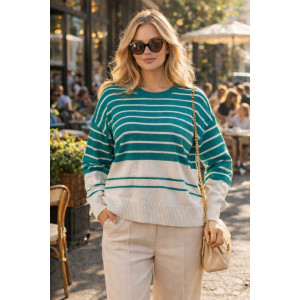 Джемпер женский №0623 вязаный трикотаж (р-ры: 42-50) молочный-зеленая полоса