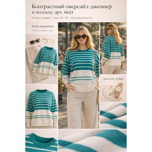 Джемпер женский №0623 вязаный трикотаж (р-ры: 42-50) молочный-зеленая полоса