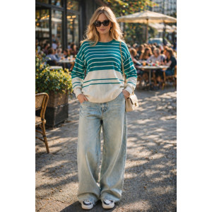 Джемпер женский №0623 вязаный трикотаж (р-ры: 42-50) молочный-зеленая полоса