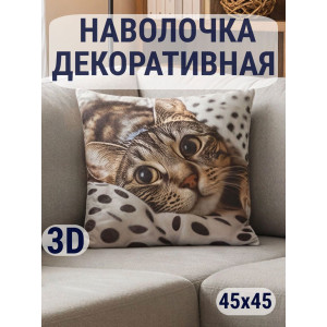Наволочка-чехол декоративная велюр 3D на молнии "Кот-горох"