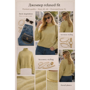 Джемпер женский №1896-1 "Relaxed Fit" эко-кашемир (р-ры: 40-48) горчичный Джемпер женский №1896-1 "Relaxed Fit" эко-кашемир (р-ры: 40-48) горчичный